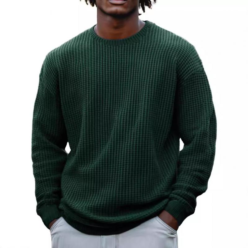 Men’s Solid Color Waffle Round Neck Long Sleeve Sweatshirt Z