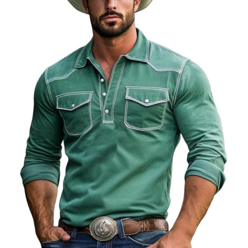 Men’s Fashion Suede Western Style Slim Fit Long Sleeve Polo Shirt Y