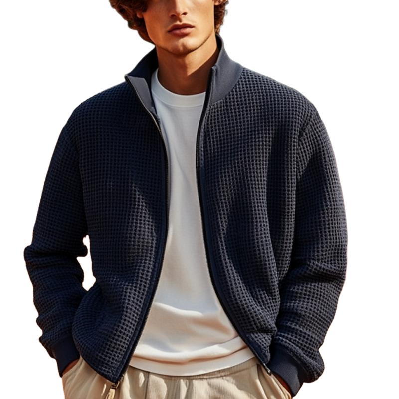 Men’s Solid Knitted Waffle Stand Collar Zipper Cardigan Y Men’s Solid Knitted Waffle Stand Collar Zipper Cardigan Y