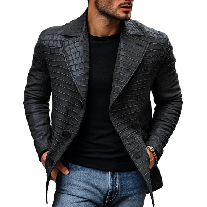 Men’s Vintage Stone Pattern Leather Notched Lapel Slim Fit Blazer M Men’s Vintage Stone Pattern Leather Notched Lapel Slim Fit Blazer M