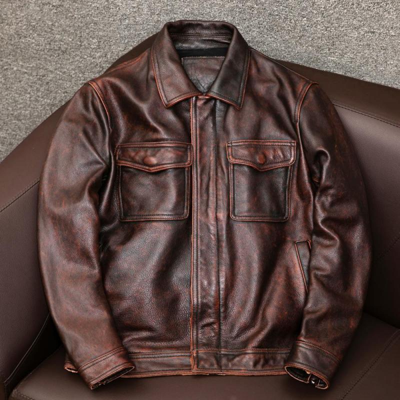 Men’s Vintage Lapel Double Chest Pocket Leather Jacket Y
