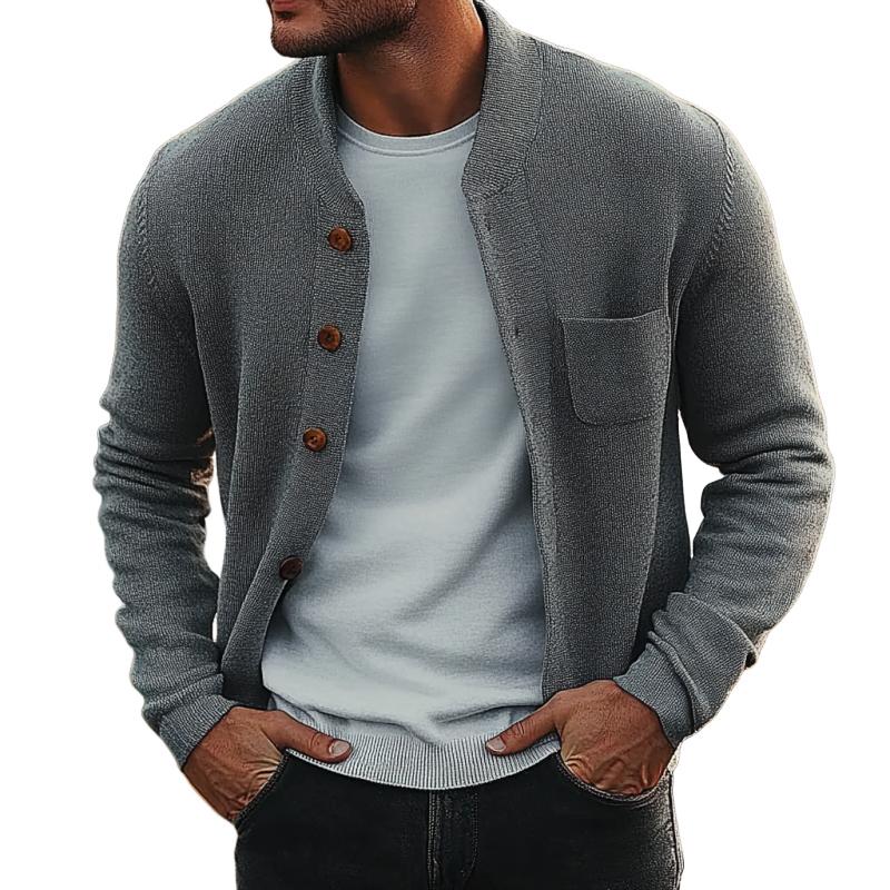Men’s Retro Crew Neck Knitted Chest Pocket Cardigan Y