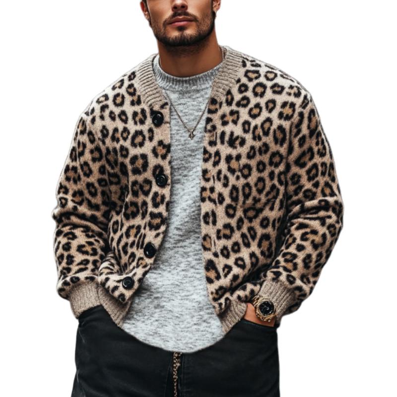 Men’s Vintage Leopard Jacquard Colorblock Single Breasted Cardigan Y Men’s Vintage Leopard Jacquard Colorblock Single Breasted Cardigan Y
