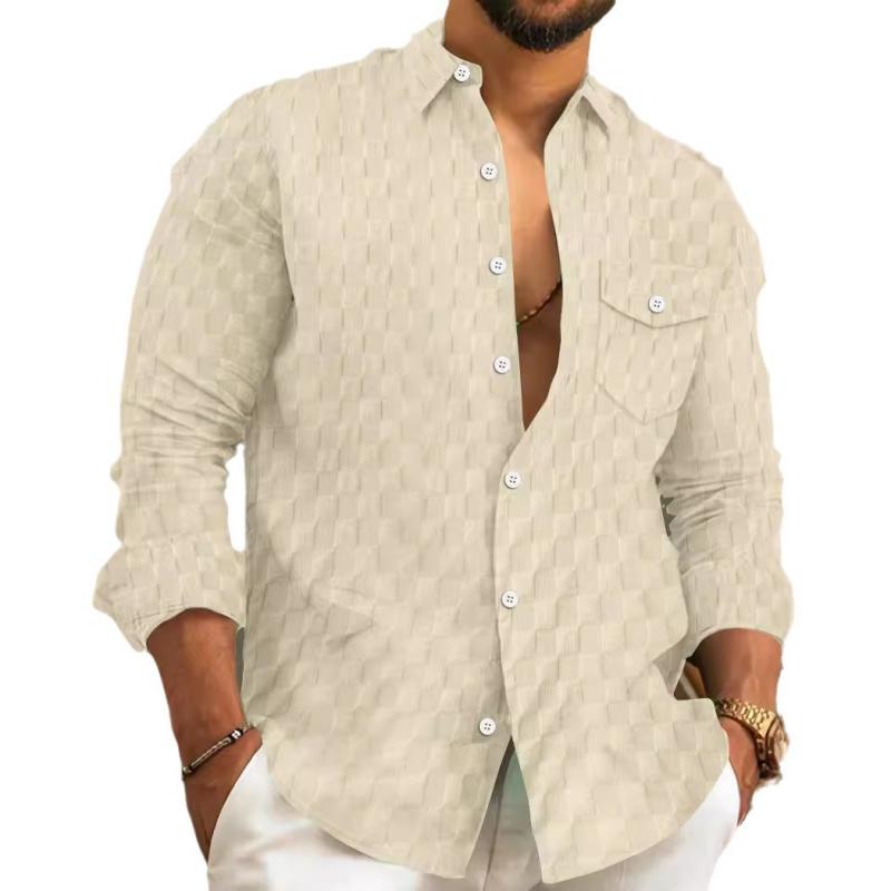 Men’s Solid Plaid Chest Pocket Lapel Long Sleeve Shirt Y Men’s Solid Plaid Chest Pocket Lapel Long Sleeve Shirt Y