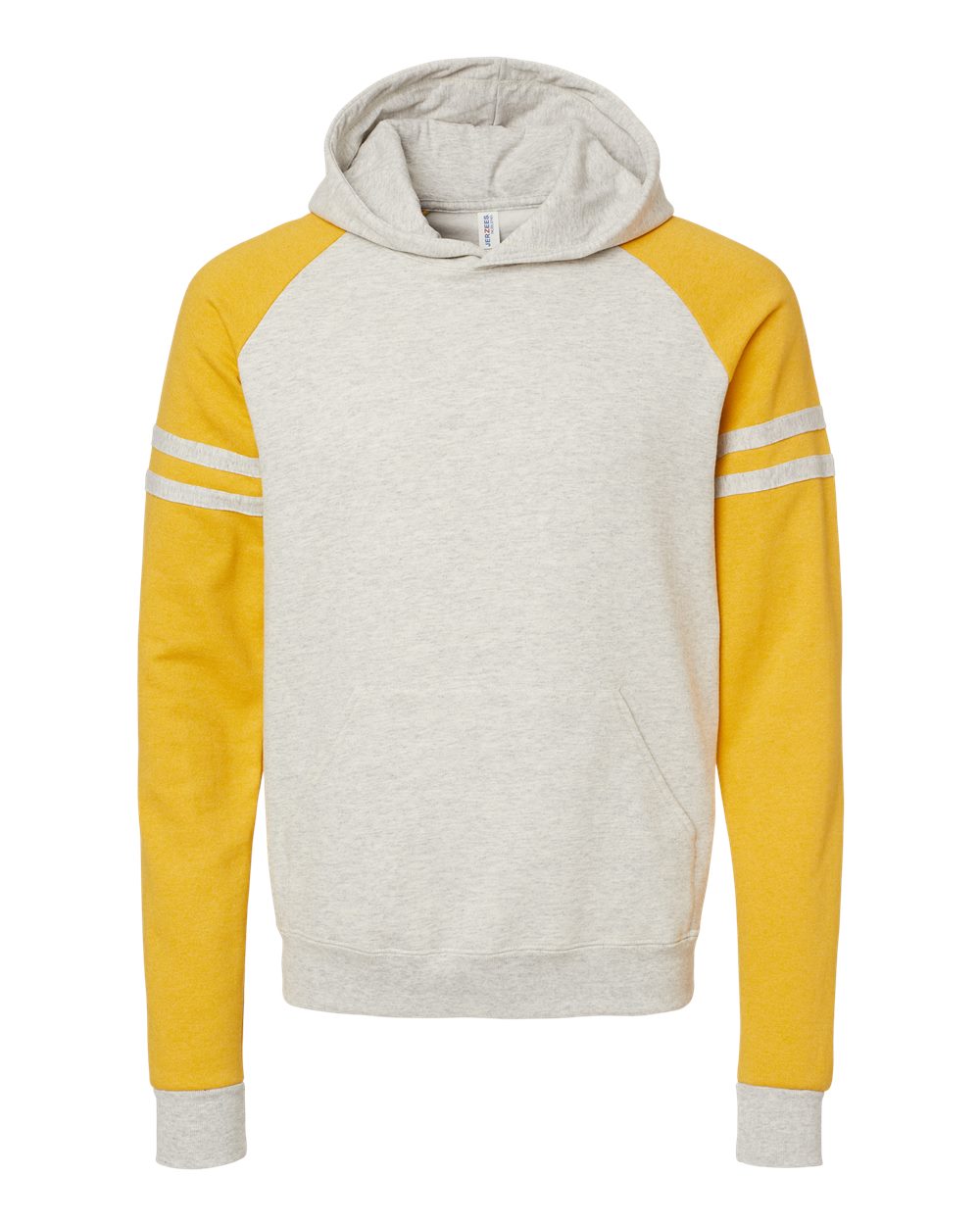 JERZEES – CR – Nublend Varsity Colorblocked Raglan Hooded Sweatshirt – Oatmeal Heather Mustard Heather –