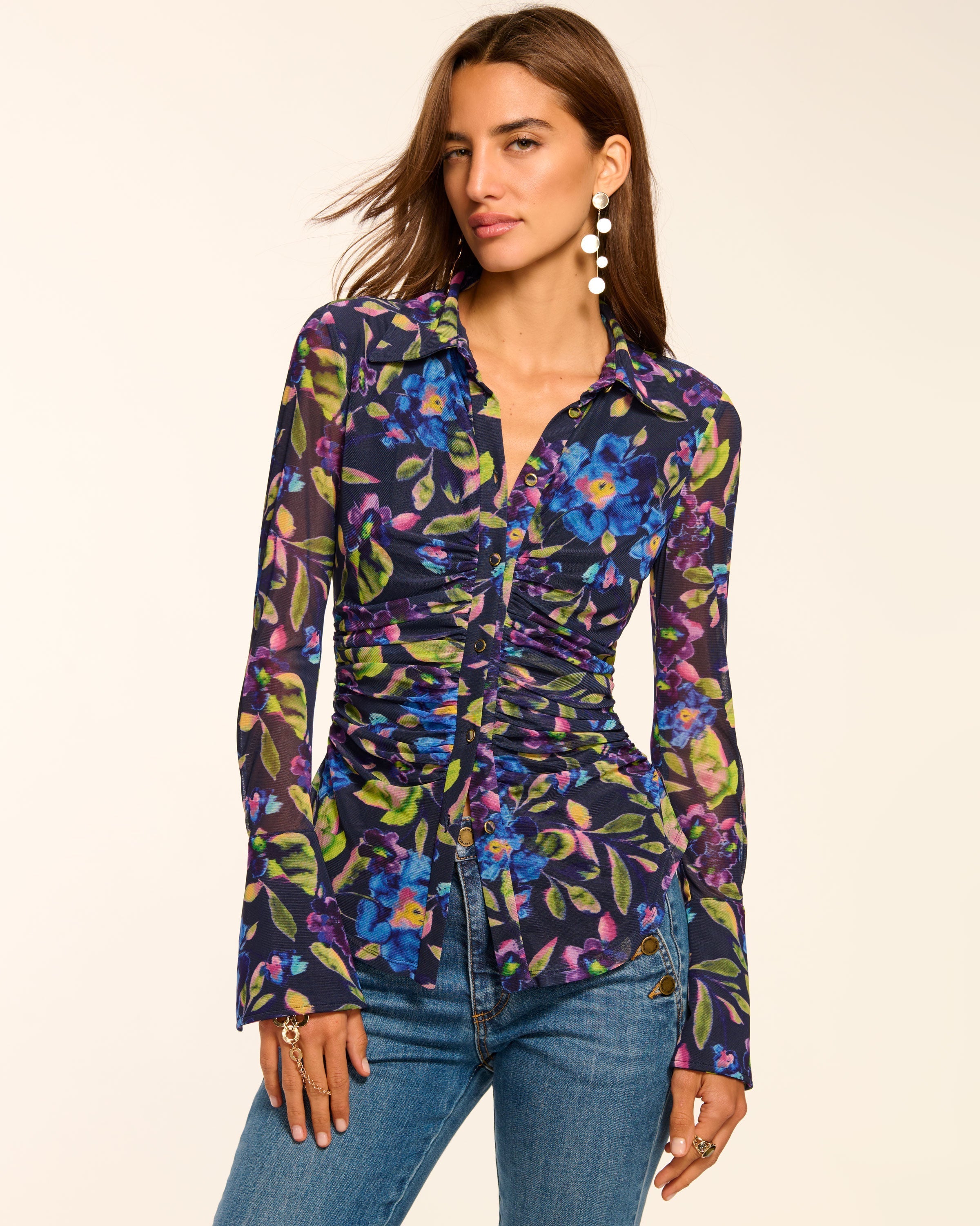 Talisa Mesh Long Sleeve Button Down Top in Floral mesh