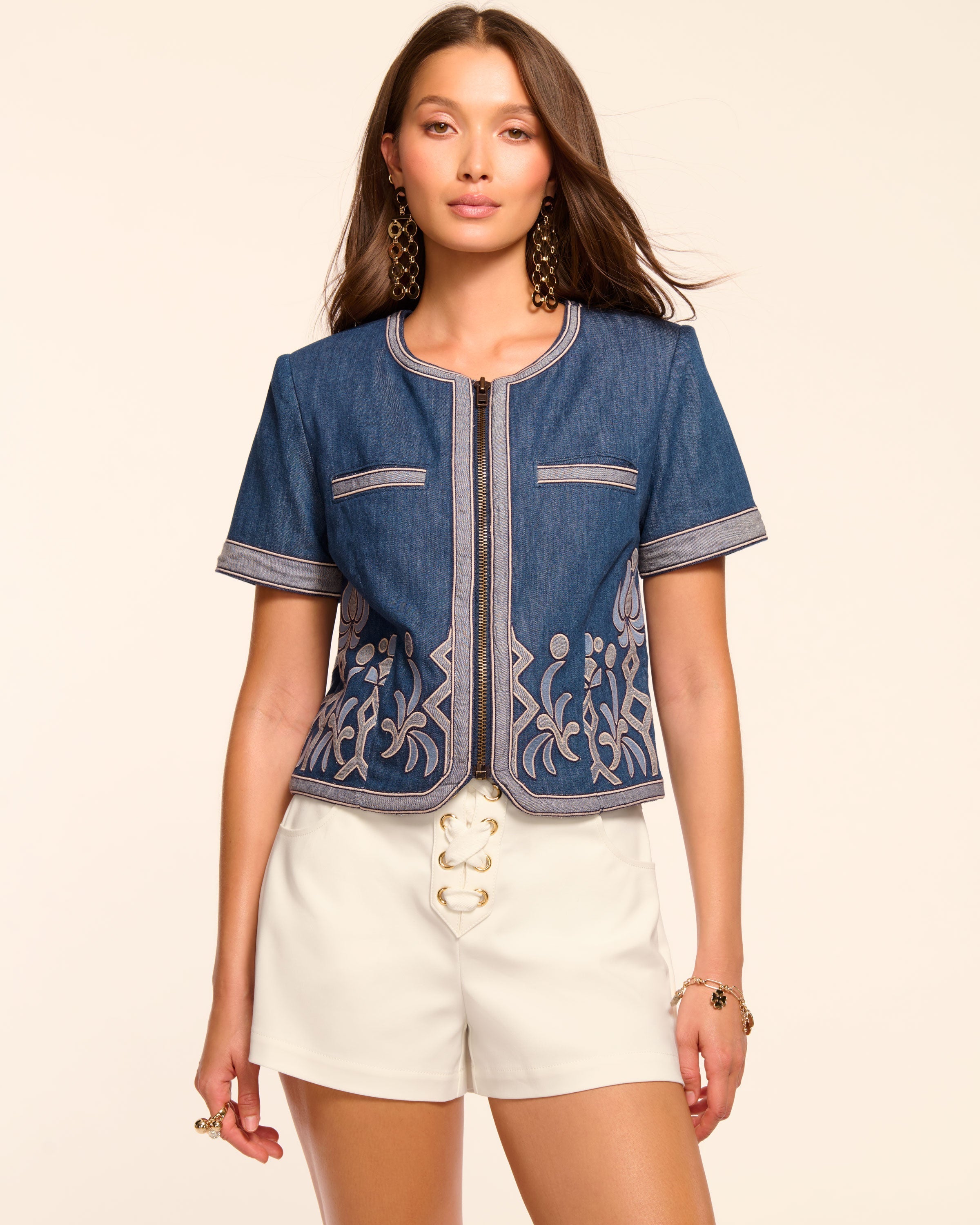 Nicko Denim Embroidered Short Sleeve Jacket in Embroidered denim Nicko Denim Embroidered Short Sleeve Jacket in Embroidered denim