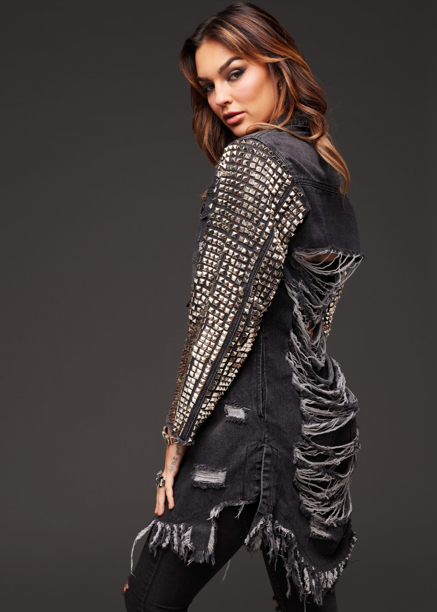 Ripped Denim Coat Jacket with Studs – M Black Ripped Denim Coat Jacket with Studs – M Black