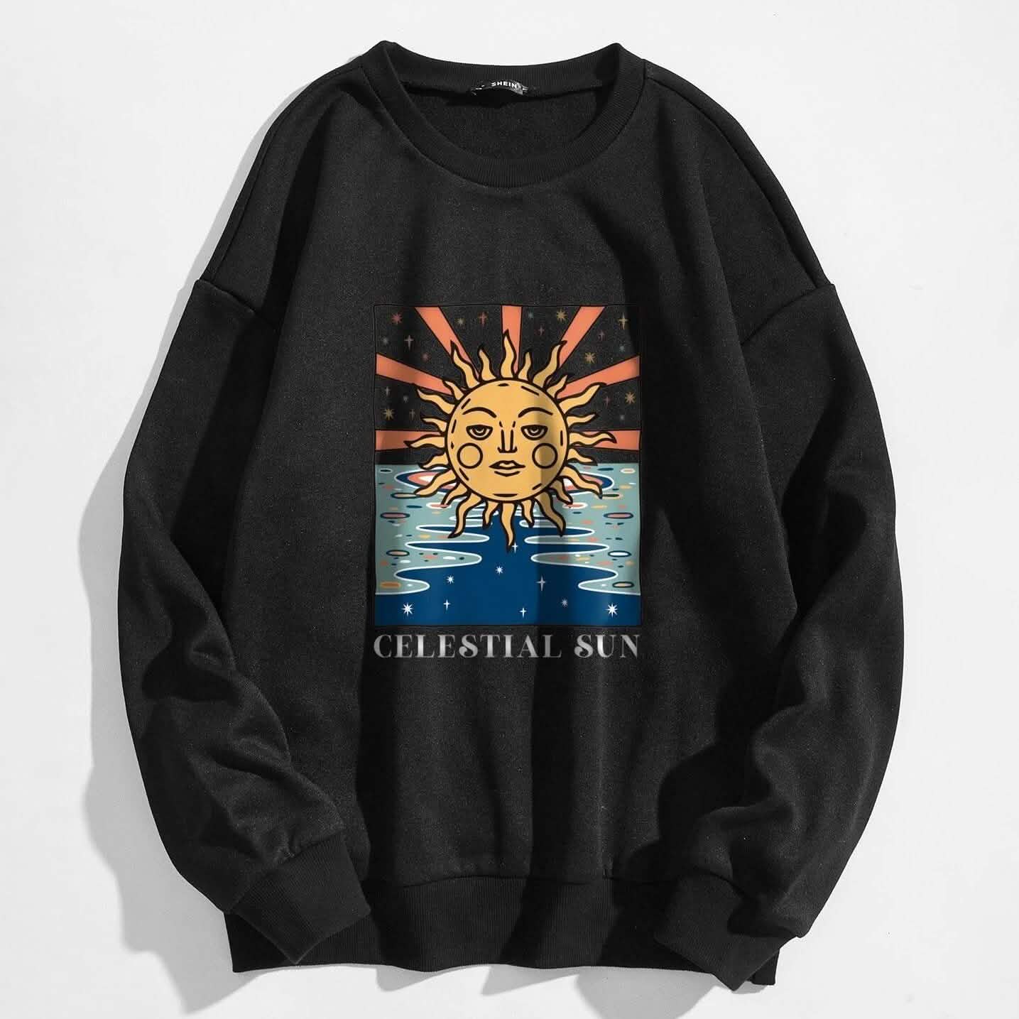 Sun and Letter Graphic Oversized Thermal Sweatshirt Sun and Letter Graphic Oversized Thermal Sweatshirt