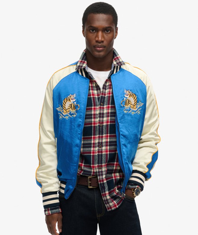 Superdry Mens Fully Lined Embroidered Sukajan Bomber Jacket, Blue