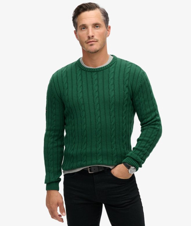 Superdry Men’s Cotton Classic Cable Knit Crew Jumper Green Superdry Men’s Cotton Classic Cable Knit Crew Jumper Green