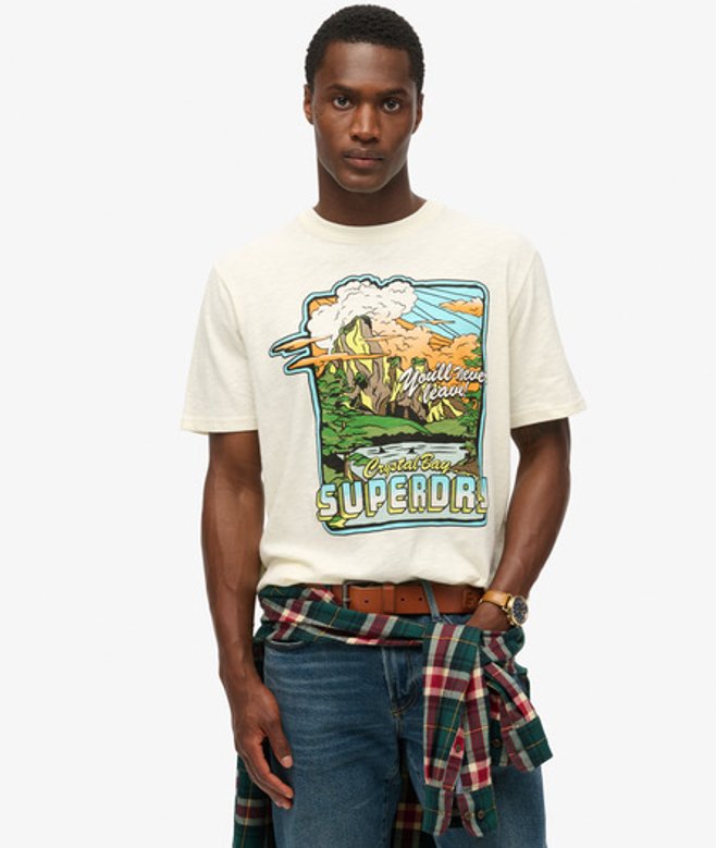 Superdry Men’s Men’s Neon Travel Graphic Loose shirt White Off White Slub Superdry Men’s Men’s Neon Travel Graphic Loose shirt White Off White Slub