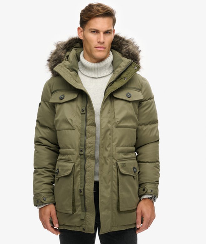 Superdry Men’s Men’s Chinook Faux Fur Parka Coat Green Dusty Olive Green