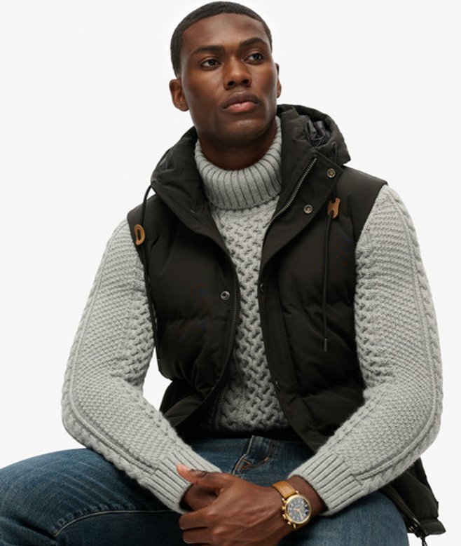 Superdry Men’s Mens Fully Lined Logo Embroidered Hooded Everest Puffer Gilet, Dark Grey Superdry Men’s Mens Fully Lined Logo Embroidered Hooded Everest Puffer Gilet, Dark Grey