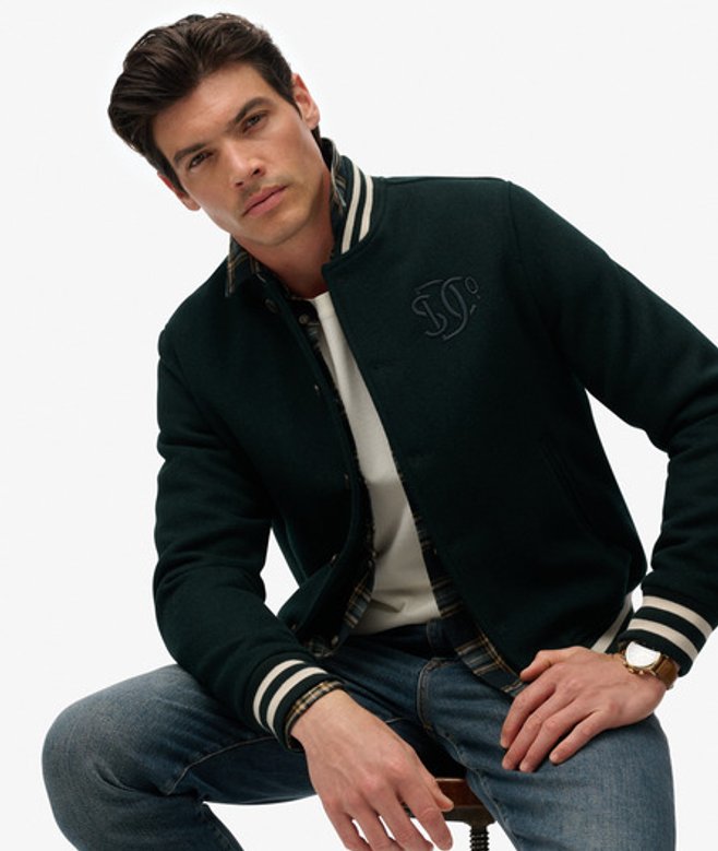 Superdry Men’s Varsity Monogram Wool Blend Bomber Jacket Green Superdry Men’s Varsity Monogram Wool Blend Bomber Jacket Green