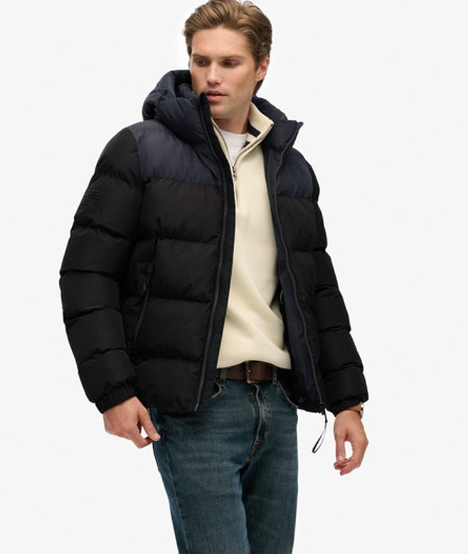 Superdry Men’s Colourblock Hooded Puffer Jacket Black Superdry Men’s Colourblock Hooded Puffer Jacket Black