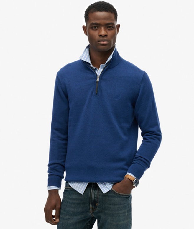 Superdry Men’s Essentials Cotton Half Zip Jumper Blue Superdry Men’s Essentials Cotton Half Zip Jumper Blue