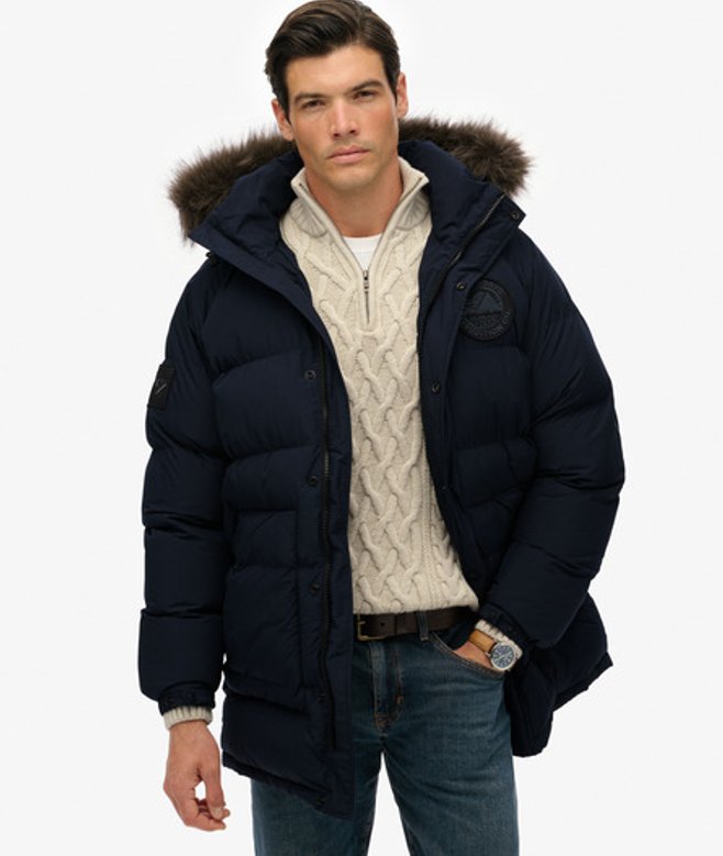 Superdry Men’s Everest Longline Baffled Parka Navy Superdry Men’s Everest Longline Baffled Parka Navy