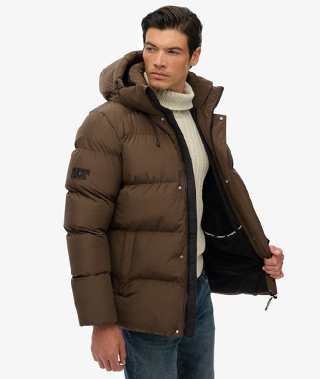 Superdry Men’s Hooded Mid Length Sports Puffer Jacket Brown
