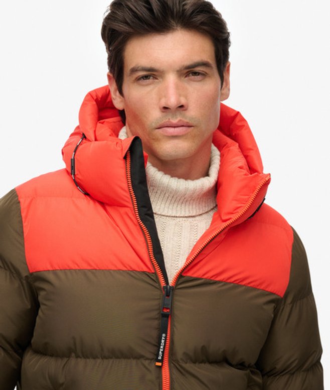 Superdry Men’s Colourblock Hooded Puffer Jacket Brown Superdry Men’s Colourblock Hooded Puffer Jacket Brown