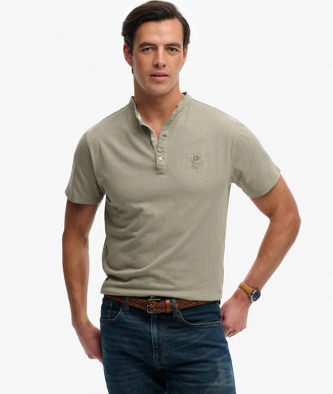 Superdry Men’s Classic Cotton Linen Short Sleeve Henley shirt Khaki