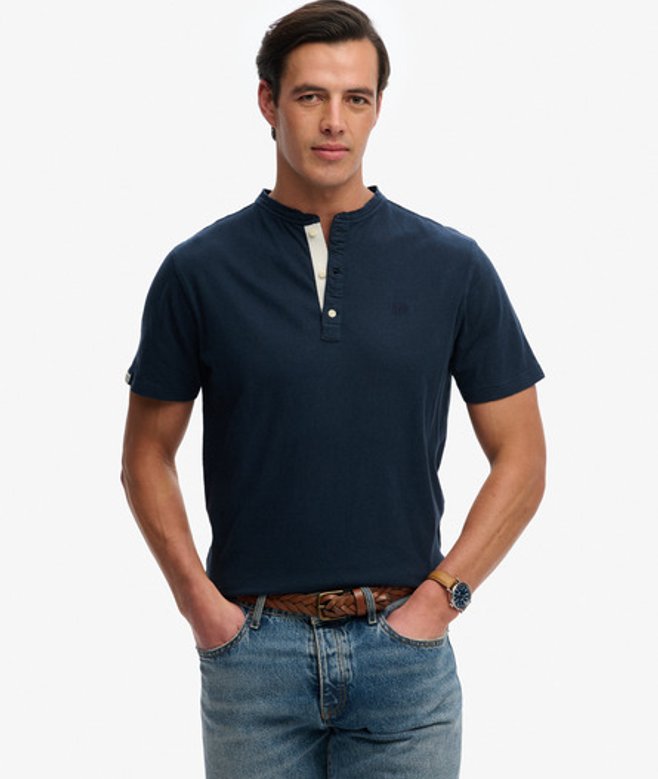 Superdry Men’s Classic Cotton Linen Short Sleeve Henley shirt Navy