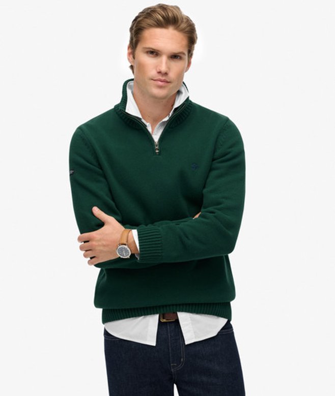 Superdry Men’s Cotton Half Zip Knit Jumper Green Superdry Men’s Cotton Half Zip Knit Jumper Green