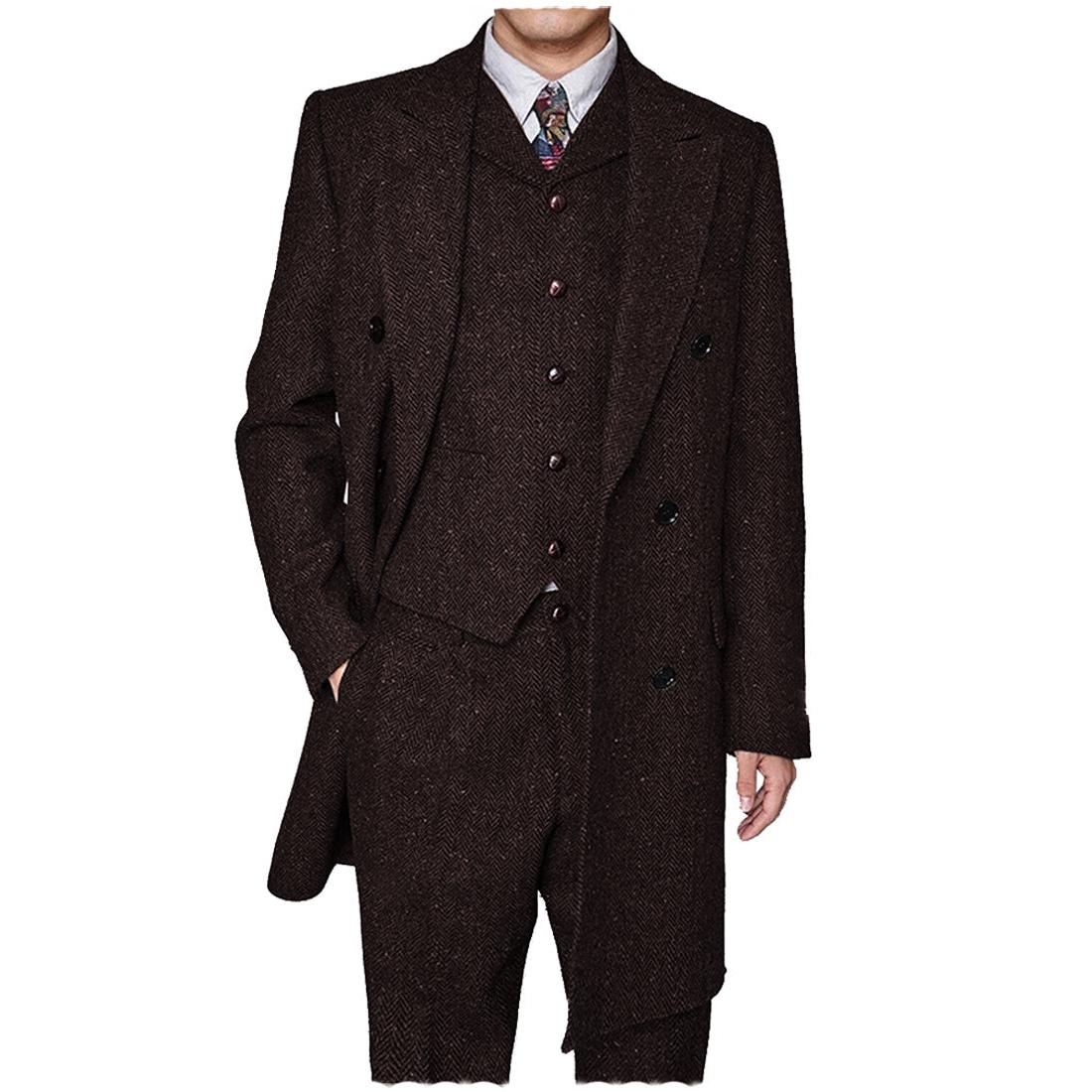 Menseventwear Vintage Classical Pieces Mens Suit Herringbone Tweed Peak Lapel Tuxedos Blazer+vest+Pants