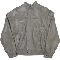 Mens Grey Leather Bomber Jacket M Smooth Plain Zipped Pockets Style