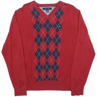 TOMMY HILFIGER Mens Red & Navy Patterned Jumper V-Neck Basic Knit M Classic