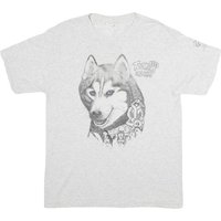 LITTLE BROWNIE ORIGINALS Mens White Grey Husky Graphic Shirt L Short Sleeve