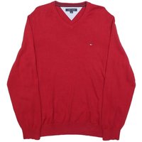 TOMMY HILFIGER Mens Red Plain V-Neck Basic Knit Jumper L Classic Cotton Sweater TOMMY HILFIGER Mens Red Plain V-Neck Basic Knit Jumper L Classic Cotton Sweater