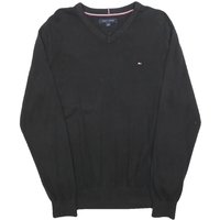 TOMMY HILFIGER Mens Black Plain V-Neck Basic Knit Jumper L Cotton Blend Pullover