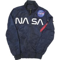 ALPHA INDTRIES Mens Navy Blue Flight Jacket S Polyester NASA Print Zip Bomber