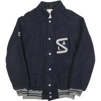 Mens Navy Blue Varsity Style Jacket S Wool Button Front Striped Ribbed Trim Mens Navy Blue Varsity Style Jacket S Wool Button Front Striped Ribbed Trim