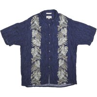 CAMPIA Mens Blue Rayon Hawaiian Shirt Leaf Print Casual Summer Button