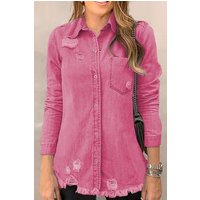 Distressed Raw Hem Snap Down Denim Jacket Distressed Raw Hem Snap Down Denim Jacket