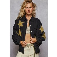 POL Star Patch Raw Hem Button Up Denim Jacket