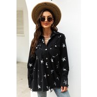 Collared Neck Star Print Long Sleeve Denim Jacket Collared Neck Star Print Long Sleeve Denim Jacket