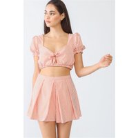 White & Orange Stripe Print Self-tie Short Sleeve Crop Top & High Waist Shorts Set