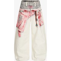 Printed Patchwork Waist Graphic-Drape Barrel Jeans Printed Patchwork Waist Graphic-Drape Barrel Jeans