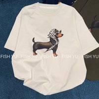 Vintage Dachshund Graphic Shirt Leopard Scarf Dog Print Loose Fit Casual Tee Vintage Dachshund Graphic Shirt Leopard Scarf Dog Print Loose Fit Casual Tee