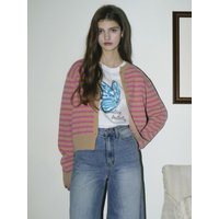 Cashmere Round Stripe Knit Cardigan Pink