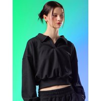 Soft Texture Plain Collar Crop Sweatshirt [BLACK]