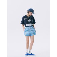 Floral Check Elastic Waist Cotton Shorts [Blue]