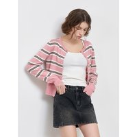 Multi-stripe Crew Neck Tencel Wool Cardigan [PINK] WBEL