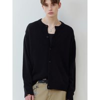 Round Neck Wool Blend Semi-Overfit Cardigan [Black]