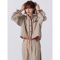 Linen Cotton Leather Edge Hooded Jumper [Light Brown]