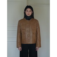 Vegan Leather Round Neck Relaxed Fit Jacket [Brown]