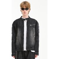 Embossed Denim Biker Jacket [Black]